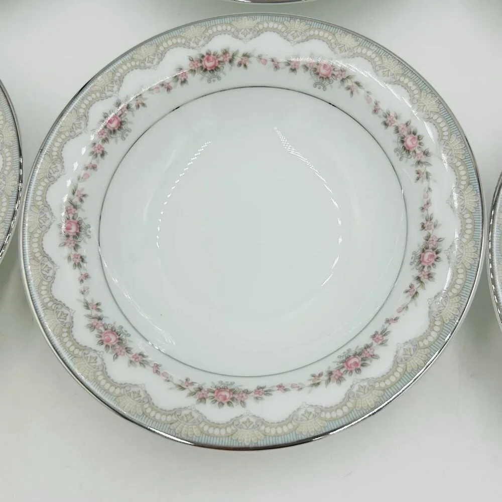 Noritake China Glenwood 5770 Japan 5.5” Berry Bowls Set Of 6 Pink Roses Platinum